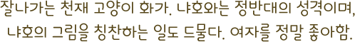 잘나가는 천재 고양이 화가. 냐호와는 정반대의 성격이며, 냐호의 그림을 칭찬하는 일도 드물다. 여자를 정말 좋아함.
